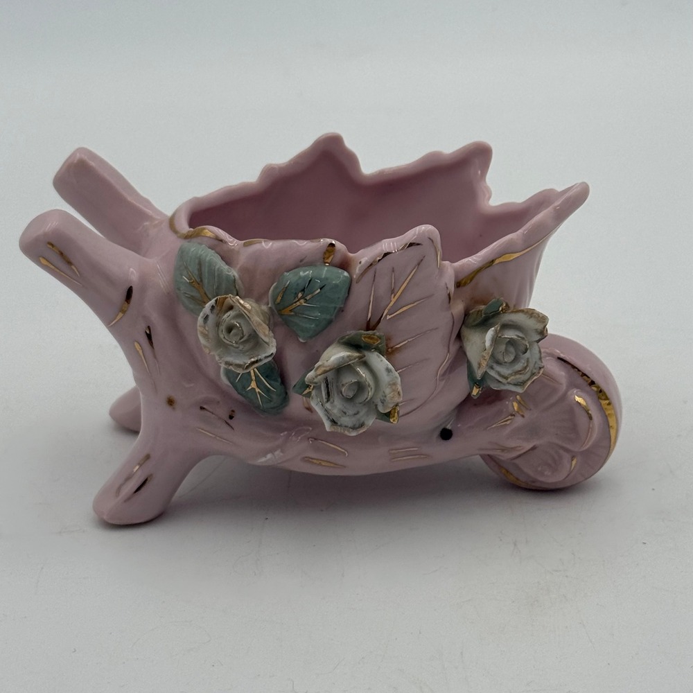 Vintage Pink Ceramic Wheelbarrow Planter Gold Gilt Porcelain Roses 52/65